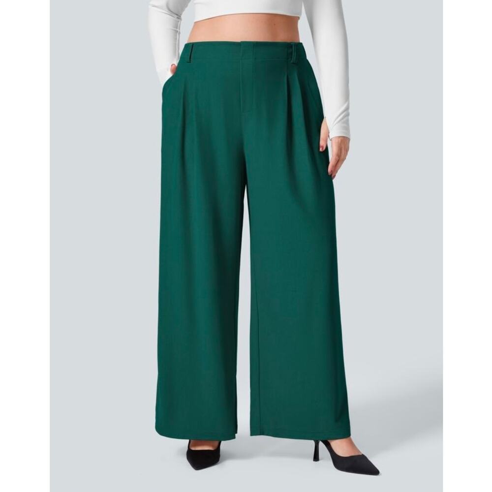 Sz 1X HALARA Forest Green Flex™ High Waist Pocket Wide Leg Waffle Plus Pants